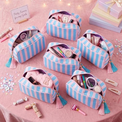 Kacctyen 6 Pack Peony Pink and Slate Blue Striped Makeup Bag bulk with Tassel Travel Cosmetic Pouch Organizer Large Zipper Toiletry Case for Women Aesthetic Storage Pouch Mahjong Tile Bag - color: Peony Pink and Slate Blue