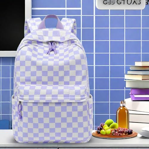 LEDAOU School Backpack for Teen Girls Elementary Middle School Bookbag Kids Backpacks Women Laptop Backpack Travel Daypack - color: Purple Checkered