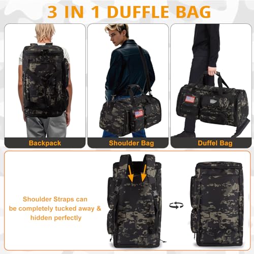 Expandable Gym Bag For Men,Tactical Large 3 in 1 Sports Duffle Bag With Shoes Compartment,Water Resistant Sports Gym Tote Bags Multi-functional Weekend Travel Backpack Overnight Bag - color: Camo Black