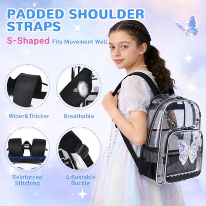 MUSEVOS Clear Backpack, Heavy Duty Clear Bookbag for School PVC Transparent Backpack for Kids Girls Women, Black Butterfly - color: Black