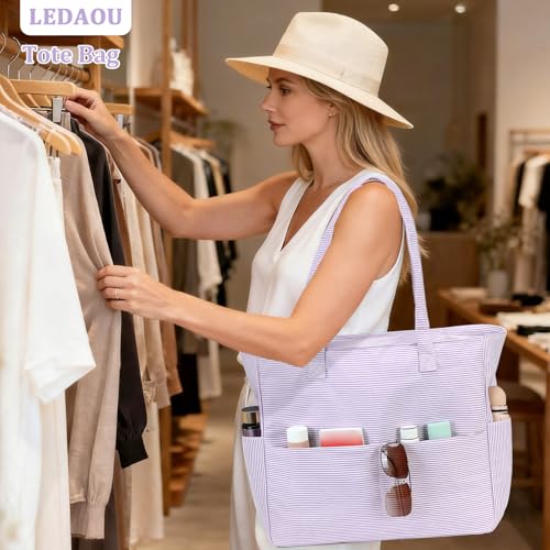 LEDAOU Beach Bag Waterproof Sandproof Women Beach Tote Pool Bag with Zipper for Swim Gym Grocery Travel with Wet Pocket | Sandproof - color: Light Purple White Stripes