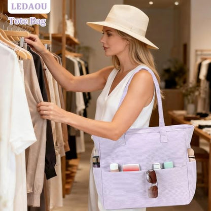 LEDAOU Beach Bag Waterproof Sandproof Women Beach Tote Pool Bag with Zipper for Swim Gym Grocery Travel with Wet Pocket | Sandproof - color: Light Purple White Stripes