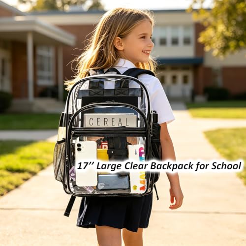 gdbis Clear Backpacks for School - 17 Inch Extra Large Transparent Heavy Duty Clear Bookbag for Boys & Girls See Through PVC School Backpack with 2 Front Pockets for Work, College, Concert, Black
