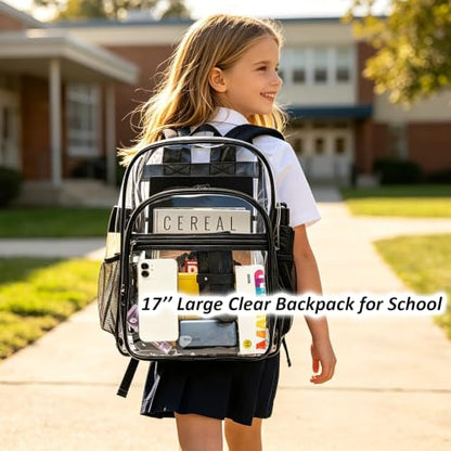 gdbis Clear Backpacks for School - 17 Inch Extra Large Transparent Heavy Duty Clear Bookbag for Boys & Girls See Through PVC School Backpack with 2 Front Pockets for Work, College, Concert, Black