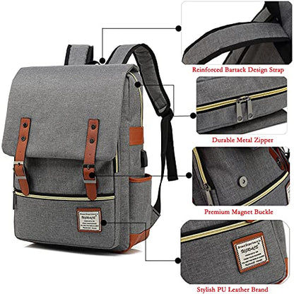 UGRACE Laptop Backpack, Grey, Unisex, 15.6" Laptop Compartment, 6 Compartments, USB Charge Port, Adjustable Shoulder Strap, PU Leather Belt - color: Grey