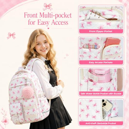 Quilted Backpack for Teen Girls, Cute Pink Bow School Backpack with Multi-Pocket Design, Lightweight Cotton Bookbag Fits 15.6" Laptop, Large Capacity Aesthetic Backpack with Plush Charm - color: Pink Bow