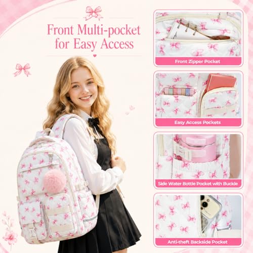Quilted Backpack for Teen Girls, Cute Pink Bow School Backpack with Multi-Pocket Design, Lightweight Cotton Bookbag Fits 15.6" Laptop, Large Capacity Aesthetic Backpack with Plush Charm - color: Pink Bow