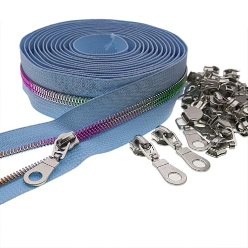 #5 Colorful Metallic Nylon Coil Zipper by Yard,Blue Zipper Tape Bulk 10 Yards with 25pcs Silver Pull for DIY Sewing Craft Bag YIGUANXIN - color: Blue-Colorful