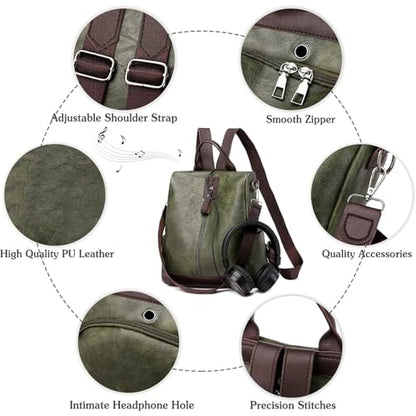 Women Backpack Anti-Theft Daypack Shoulder Bag with Earphone Hole Ladies Rucksack Waterproof PU Leather Bag for Travel Work (green) - color: Green