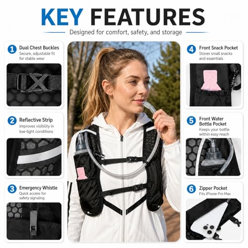 Running Hydration Vest for Men & Women, 180g Lightweight Breathable Hydration Pack with Water Bottle Snack Phone Pockets for Marathon Trail Running Hiking Cycling (No Water Bladder) - color: Black