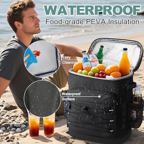 Large 52cans Cooler Backpack, Insulated, Waterproof, Leak Proof, 30L Large Capacity - color: Black, Black Zipper