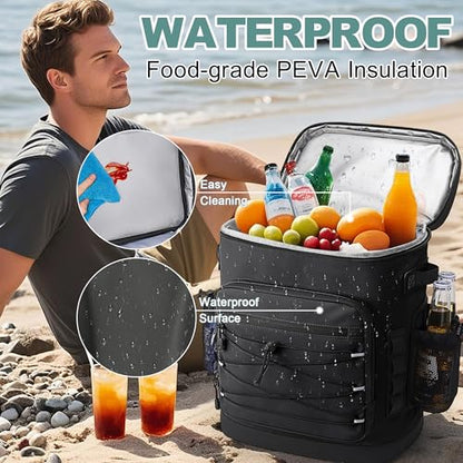 Large 52cans Cooler Backpack, Insulated, Waterproof, Leak Proof, 30L Large Capacity - color: Black, Black Zipper