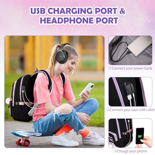 ACESAK Backpacks for Girls, Girls Backpack with Lunch Box and Pencil Case for Teen Kids Elementary Middle High School College Student, Children Backpack Bookbag with USB Charging Port (Black Purple) - color: Black With Purple Zipper