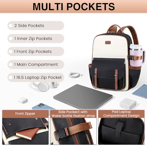 Vegan Leather Laptop Backpack for Women Designer 15.6 Inch PU Laptop Bag, Ladies Travel Computer Work Backpack - color: Beige Black Brown