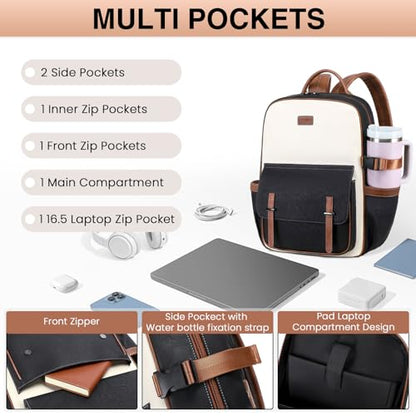 Vegan Leather Laptop Backpack for Women Designer 15.6 Inch PU Laptop Bag, Ladies Travel Computer Work Backpack - color: Beige Black Brown