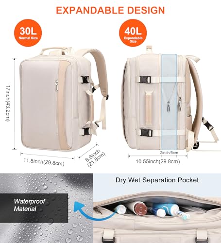 PIJUSHI Travel Backpack for Women Expandable Carry on Luggage Backpack Airline Approved TSA 16" Laptop Bag Business with USB Port(PE034 Beige) - color: Beige