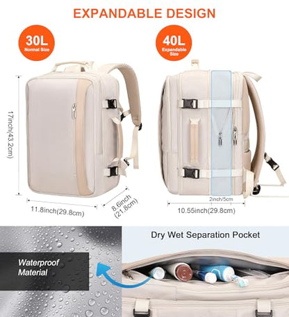 PIJUSHI Travel Backpack for Women Expandable Carry on Luggage Backpack Airline Approved TSA 16" Laptop Bag Business with USB Port(PE034 Beige) - color: Beige