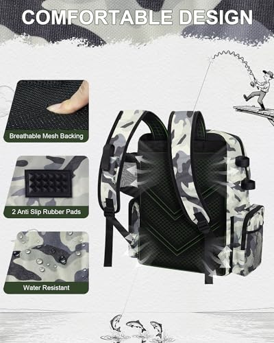 Fishing Backpack, Large Water Resistant Tackle Bag Storage Fishing Gear and Equipment, Built-in Cooler Compartment Grey - color: Grey Camo