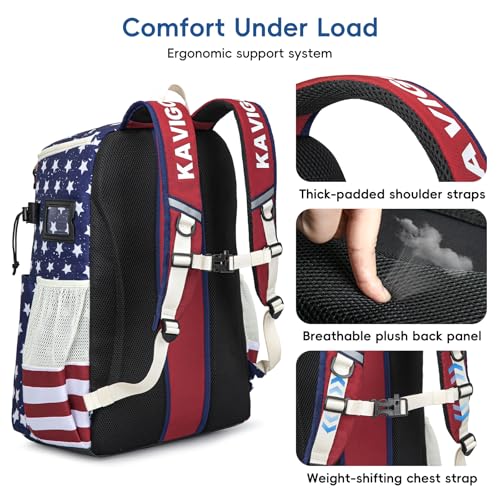 KAVIGOR Lacrosse Bag 65L, Extra Large Lacrosse Gear Backpack with Multi-Pocket Design, Helmet Holder & Ventilated Shoe Compartment - color: Red White & Blue