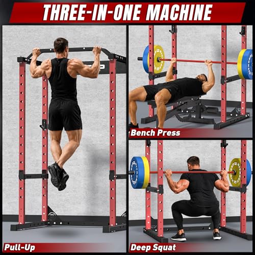 RitKeep RMAX 2250 Power Rack, 1200 lb Capacity Multi-Function Squat Rack and Weight Cage for Strength Training with Pull-Up Bar, Safety Bars, J-Hooks for Home Gym and Garage Gym - color: Red