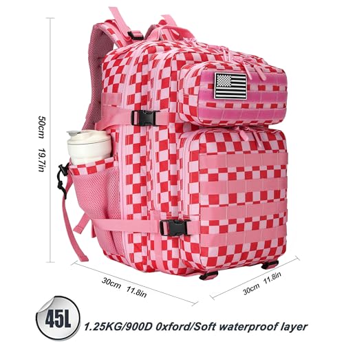 Lovelinks21 45L Tactical Assault Backpack 3 day assault pack with Molle Waterproof backpack Rucksack for Tactical Backpacks (Pink white check) - color: Pink White Check