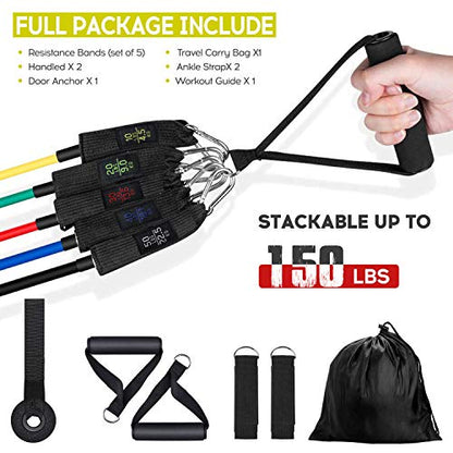 Resistance Bands Set 11PCS Workout Bands 5 Stackable Exercise Bands with Handles ，Door Anchor and Ankle Straps，Stackable Up to 150lbs，for Resistance Training，Home Workouts, Black