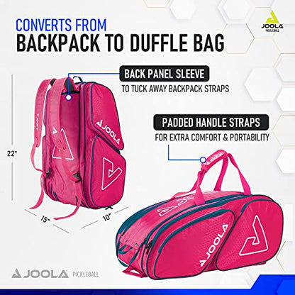 JOOLA Tour Elite Pickleball Bag – Backpack & Duffle Bag for Paddles & Pickleball Accessories – Thermal Insulated Pockets Hold 4+ Paddles - Includes Fence Hook - color: Hot Pink/Blue