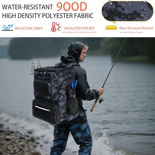 Fishing Backpack with Rod Holder and Tackle Boxes, Cooler, Large 50L Fishing Gear Bag with 139 Fishing Lures Kit, Fish Tool Set, Fish Gifts for Men Woman-Grey Backpack - color: Grey