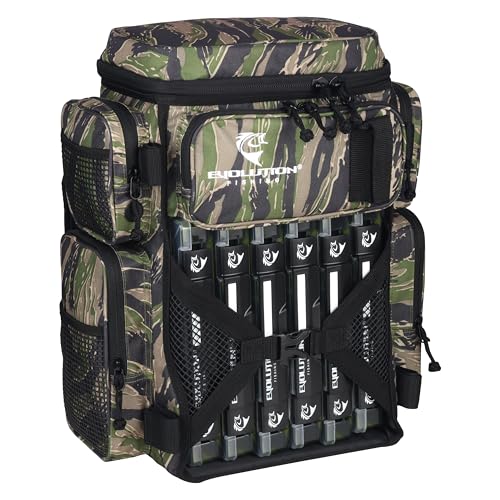 Evolution Fishing Drift Series Tackle Backpack, Outdoor Rucksack w/ 6 Fishing Tackle Trays, Heavy Duty - color: Tiger Stripe, size: 3600