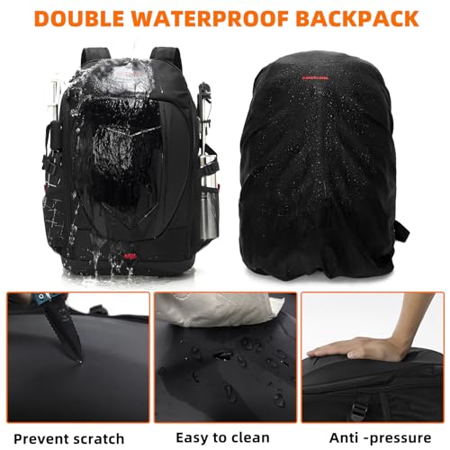 KINGSLONG 17 Inch Laptop Backpack with Hardshell, Armored Backpack with USB Port and Lightweight Rain Cover for Motorcycle Outdoor Racing Waterproof Rucksack Black