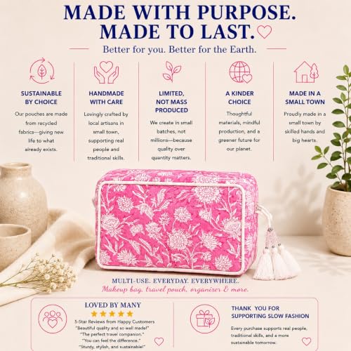 Huar Travel Makeup Bag - Large Capacity Cosmetic Bags for Women - color: White & Pink Floral