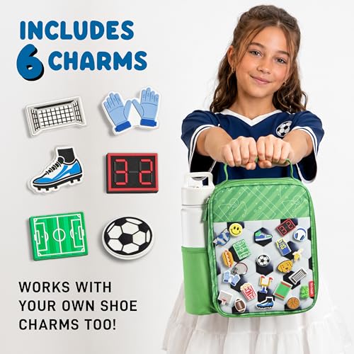 Fit & Fresh Customizable Charm Lunch Bag for Boys & Girls, Soccer Kids Lunch Box with 6 Sports Charms, Premium Insulated Reusable Lunch Tote for School - color: Pitch Break Soccer