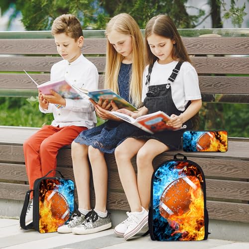 Football Backpack Set for School,17 Inch Casual School Bags with Lunch Box, Kids Daypack Bags and Pencil Case Set for Teens Boys Men Students - color: Ice&fire-football