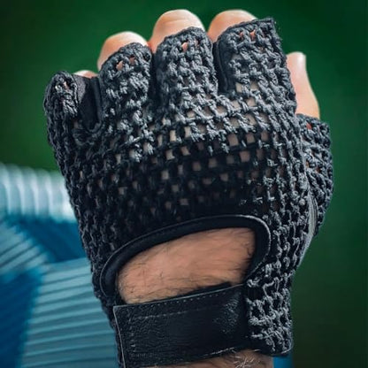 Leather Padded Crochet Back Breathable Fingerless Weight Lifting, Cycling Workout Gloves, Black (Medium)