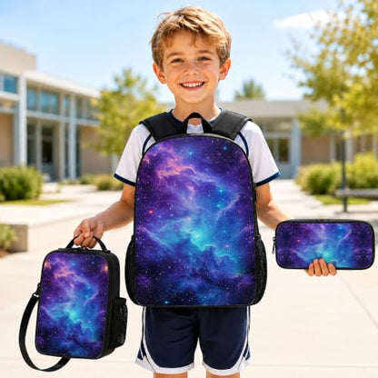3PCS Galaxy Print Backpack for Boys Girls Teens, School Backpack with Lunch Box Pencil Case for Elementary Middle High Students, 17 Inch Lightweight Bookpack 3 in 1 Set Back to Shool Gifts for Kids - color: Galaxy