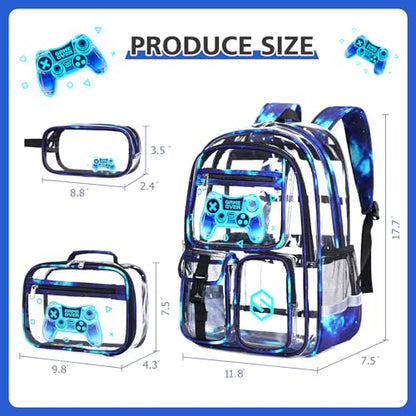 DIGOBAY 3PCS Cool Luminous Clear Backpack for Boys Kids, Gamer Clear Bookbag for School, See Through PVC Transparent Backpacks with Lunch Bag Pencil Case, Backpack Heavy Duty for School Stadium - color: Blue Galaxy