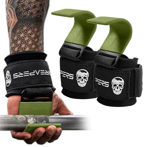 Gymreapers Weight Lifting Hooks (Pair), Heavy Duty Power Wrist Straps Hand Grip Support For Deadlifts, Pull Ups, Shrugs - Gym Gloves For Men and Women - color: OD Green