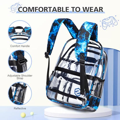 DIGOBAY 3PCS Cool Luminous Clear Backpack for Boys Kids, Gamer Clear Bookbag for School, See Through PVC Transparent Backpacks with Lunch Bag Pencil Case, Backpack Heavy Duty for School Stadium - color: Blue Flame