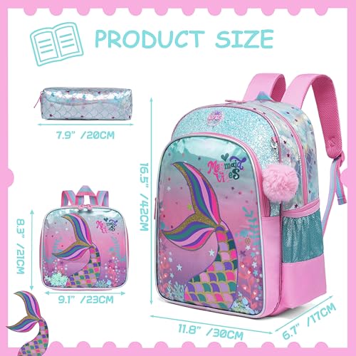 Mermaid Backpacks for Girls Backpack for School Elementary Students Kids Backpack with Lunch Box Cute Backpacks for School Girls 8-12 - color: Pink Blue Mermaid