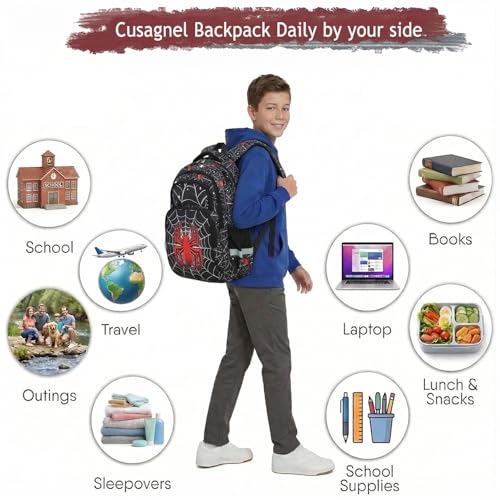 Cusangel kids Backpack for School Boys Girls 8-12ages,16in Bookbag Stitch,durable Water Resistant,7 Pockets, Adjustable Chest Strap,Large For Travel,Gifts (Red Spider-17in) - color: Red Spider-17in