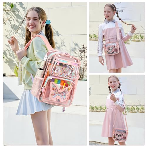 Clear Backpack for Girls,Transparent Backpacks Crossbody Bag for Kids Heavy Duty See Through School Bag Clear Bookbag (Pink1, Large) - color: Pink1