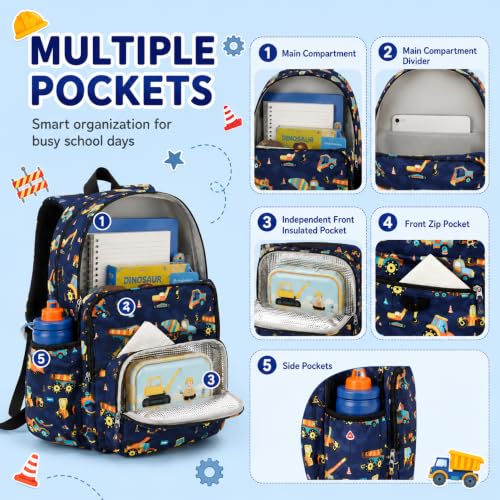 BTOOP Kids Backpack for Boys 3-6, Preschool Kindergarten Backpack with Insulated Lunch Compartment & Chest Strap (Truck Blue, Age 3-6 (14.5" H Fit Folder)) - color: Truck Blue, size: Age 3-6 (14.5" H Fit Folder)