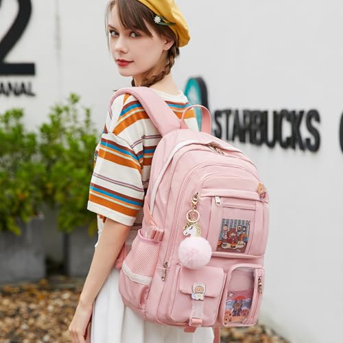 Backpack for Girls with Accessories Laptop Bookbags 16 Inch Kawaii Kids Elementary Middle High School Bag College Travel Daypack Gifts for Teens Women Students (Pink) - color: Pink