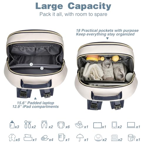 MOMUVO Diaper Bag Backpack, Quilted Baby Bag with Changing Pad & Stroller Straps & Pacifier Case, Large Travel Diaper Bags for Mom Dad, Blue Beige - color: Blue Beige