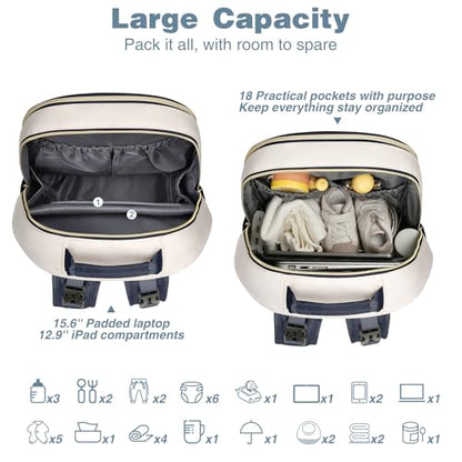 MOMUVO Diaper Bag Backpack, Quilted Baby Bag with Changing Pad & Stroller Straps & Pacifier Case, Large Travel Diaper Bags for Mom Dad, Blue Beige - color: Blue Beige