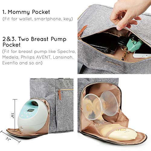 mommore Breast Pump Bag Diaper Tote Bag with 15 Inch Laptop Sleeve Fit Most Breast Pumps Like Medela, Spectra S1,S2, Evenflo - color: Grey