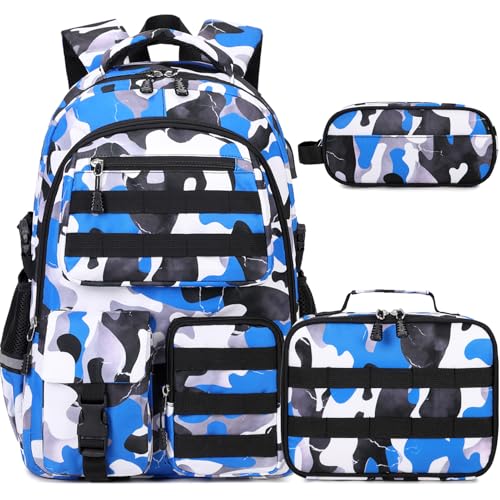 DIGOBAY Camo Backpack for Boys, Tactical Boy Backpacks for School, Kids Backpack With Lunch Box Pencil Case USB Charging Port Military Army SchoolBags for Boy Teens Kids Elementary Middle High School - color: Blue Camo