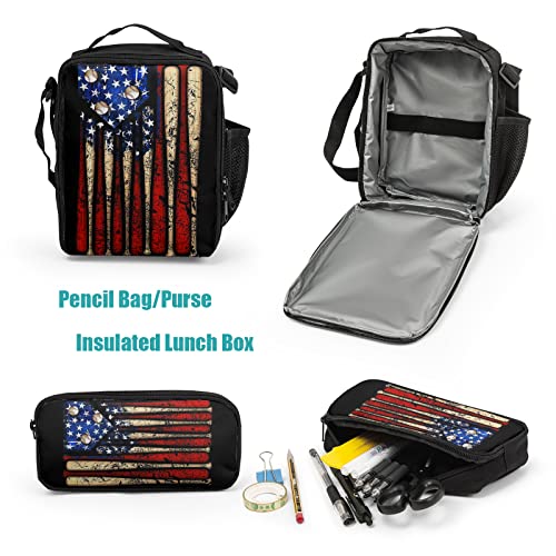 Giwawa American Flag Baseball School Backpack Set Lightweight Teen Girls Women Kids School Bags College Bookbag with Lunch Bag - color: Baseball Flag-1