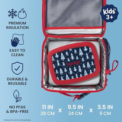 Bentgo Kids Lunch Bag - Durable, Double-Insulated Lunch Bag for Kids 3+; Holds Lunch Box, Water Bottle, & Snacks; Easy-Clean Water-Resistant Fabric & Multiple Zippered Pockets (Rocket) - color: Rocket