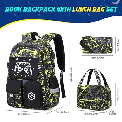 Scothen Boys Backpack, Cool Luminous School Backpacks for Boys with Lunch Bag Pencil Case, Kids Backpack Kindergarten Elementary Middle School Book Bags for Teen Boys Children with USB Charging Port - color: Yellow Graffiti